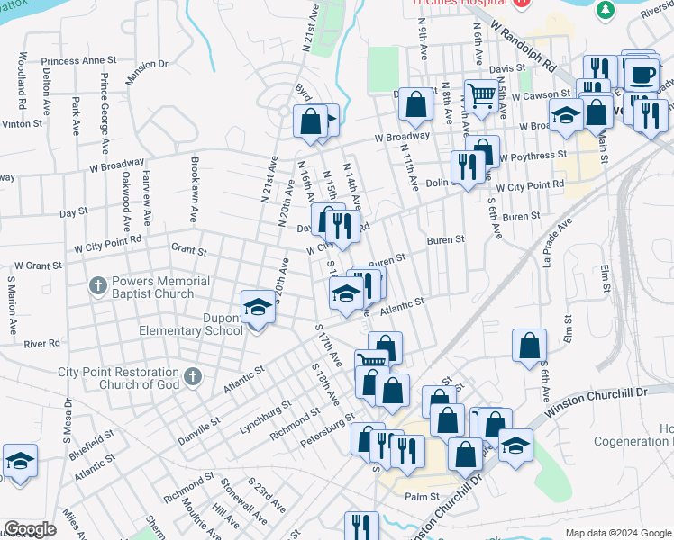 map of restaurants, bars, coffee shops, grocery stores, and more near 111 South 16th Avenue in Hopewell