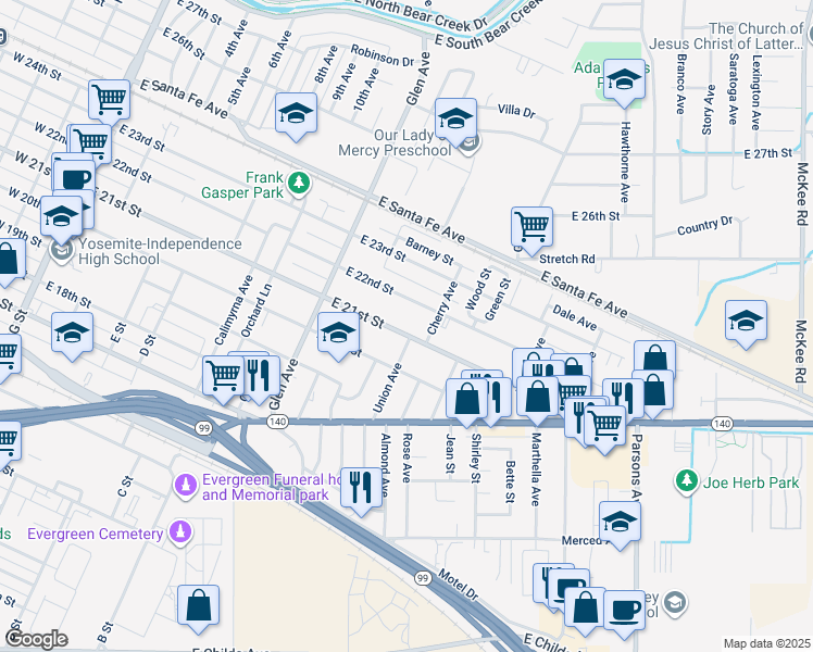 map of restaurants, bars, coffee shops, grocery stores, and more near 1089 East 21st Street in Merced