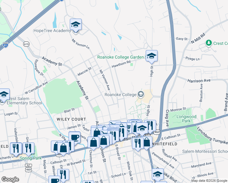 map of restaurants, bars, coffee shops, grocery stores, and more near 357 Mount Vernon Avenue in Salem