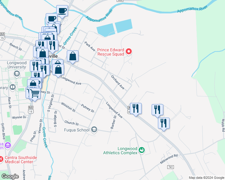 map of restaurants, bars, coffee shops, grocery stores, and more near 213 A Street in Farmville