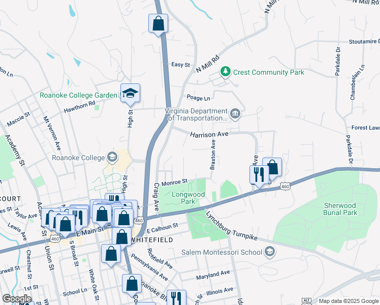 map of restaurants, bars, coffee shops, grocery stores, and more near 700 Crystal Drive in Salem