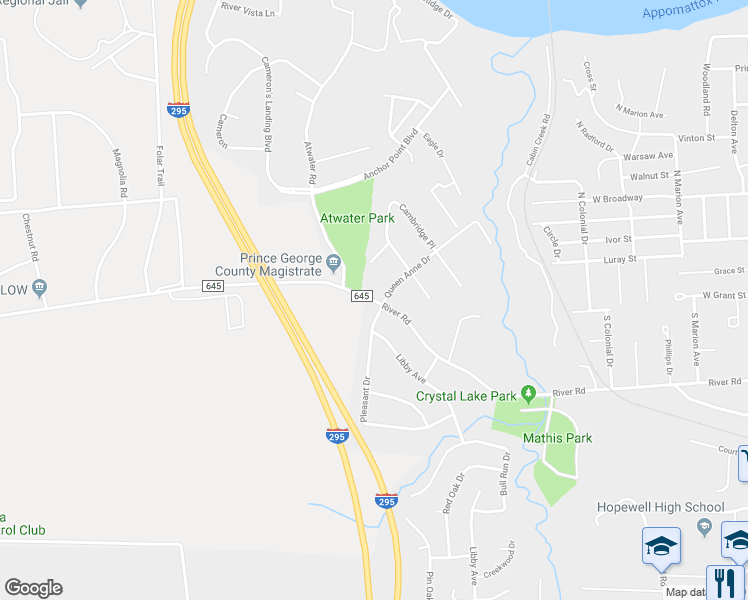 map of restaurants, bars, coffee shops, grocery stores, and more near 4205 River Road in Hopewell