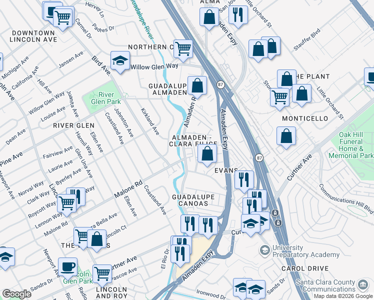 map of restaurants, bars, coffee shops, grocery stores, and more near 536 Almaden Walk Loop in San Jose