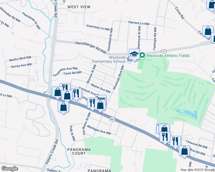 map of restaurants, bars, coffee shops, grocery stores, and more near 3922 Tennessee Avenue Northwest in Roanoke