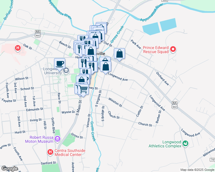 map of restaurants, bars, coffee shops, grocery stores, and more near 119 South Bridge Street in Farmville