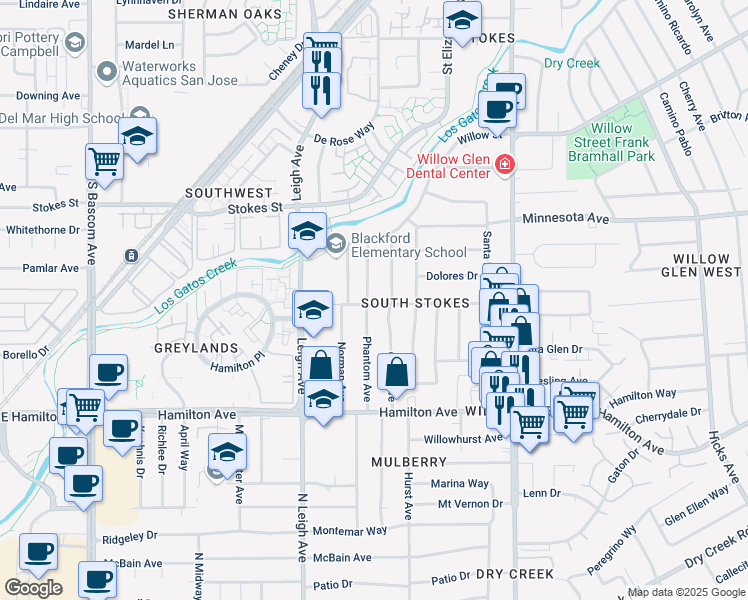 map of restaurants, bars, coffee shops, grocery stores, and more near 1881 Blackford Lane in San Jose