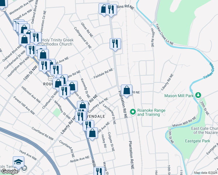 map of restaurants, bars, coffee shops, grocery stores, and more near 446 Liberty Road Northeast in Roanoke