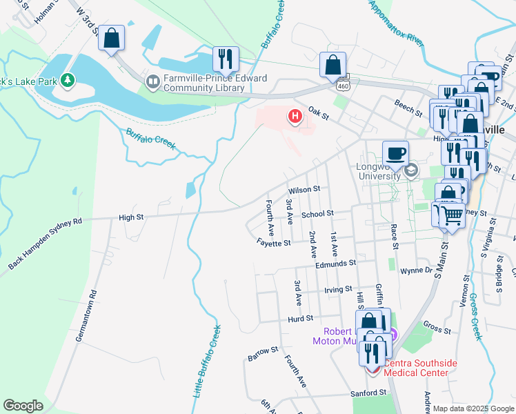 map of restaurants, bars, coffee shops, grocery stores, and more near 1105 High Street in Farmville