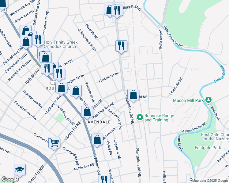 map of restaurants, bars, coffee shops, grocery stores, and more near 446 Liberty Road Northeast in Roanoke