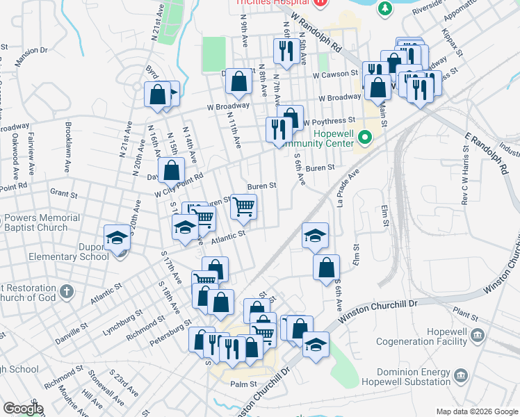 map of restaurants, bars, coffee shops, grocery stores, and more near 304 South 9th Avenue in Hopewell