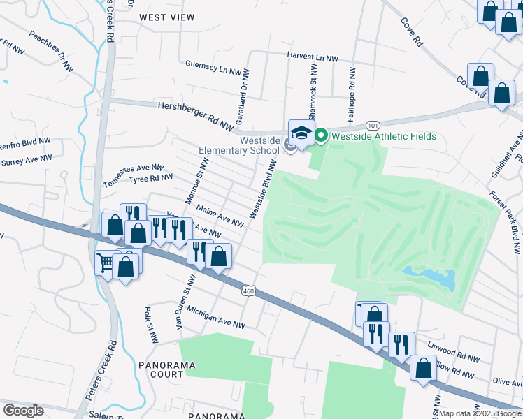 map of restaurants, bars, coffee shops, grocery stores, and more near 1303 Westside Blvd NW in Roanoke