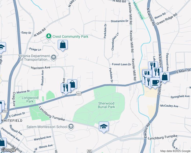 map of restaurants, bars, coffee shops, grocery stores, and more near 100 Pinehurst Street in Salem