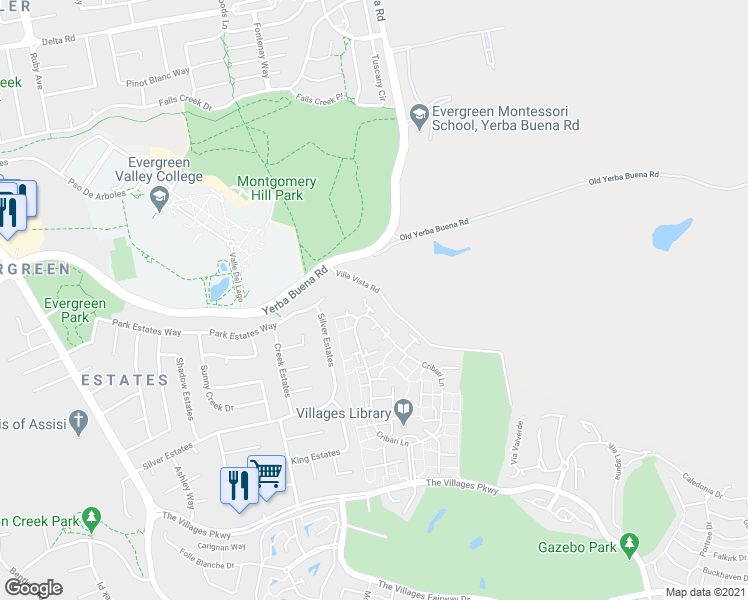 map of restaurants, bars, coffee shops, grocery stores, and more near 5293 Cribari Heights in San Jose