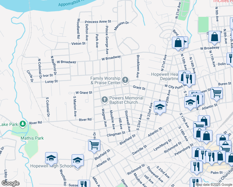 map of restaurants, bars, coffee shops, grocery stores, and more near 2609 Lee Street in Hopewell