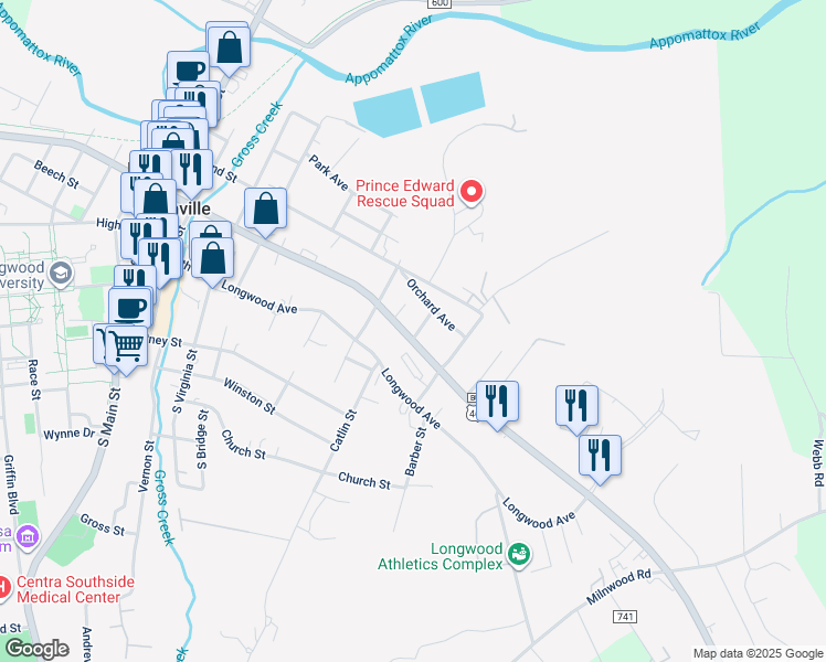 map of restaurants, bars, coffee shops, grocery stores, and more near 211 A Street in Farmville