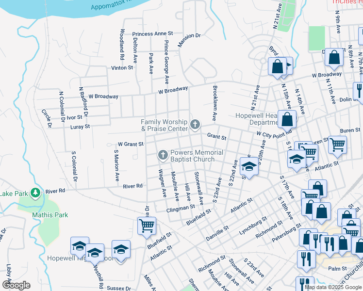 map of restaurants, bars, coffee shops, grocery stores, and more near 2609 Lee Street in Hopewell