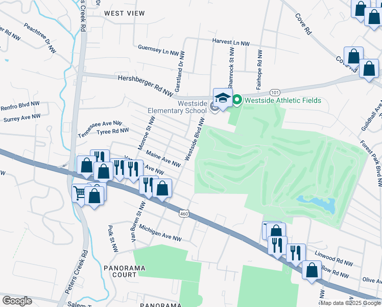 map of restaurants, bars, coffee shops, grocery stores, and more near 1303 Westside Blvd NW in Roanoke