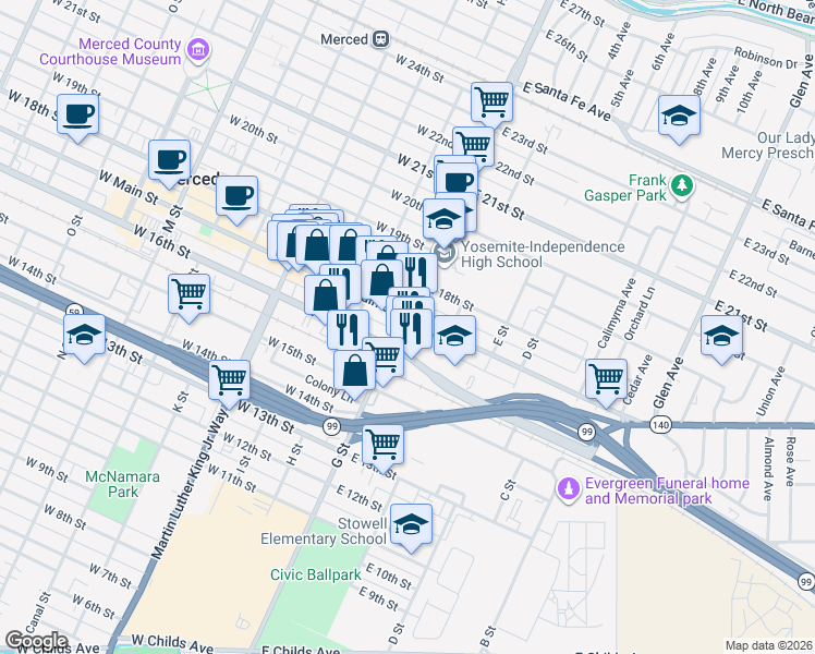 map of restaurants, bars, coffee shops, grocery stores, and more near 1720 G Street in Merced