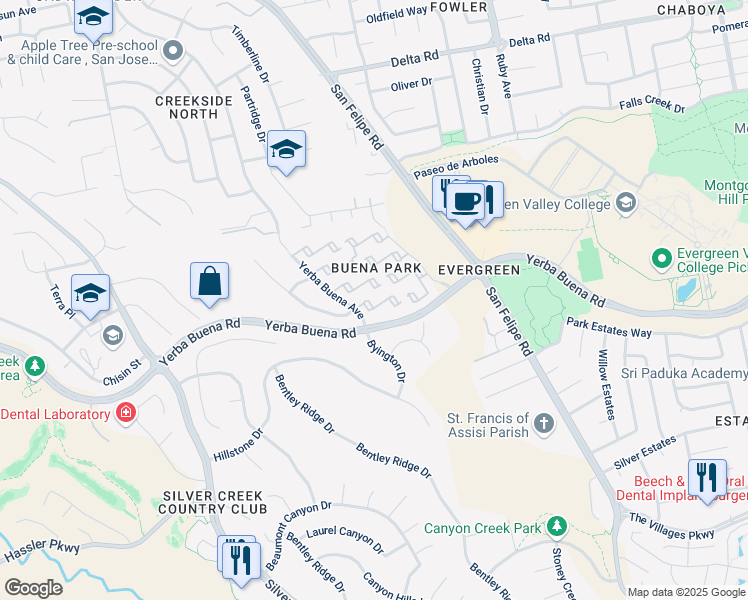 map of restaurants, bars, coffee shops, grocery stores, and more near 2641 Yerba Vista Court in San Jose
