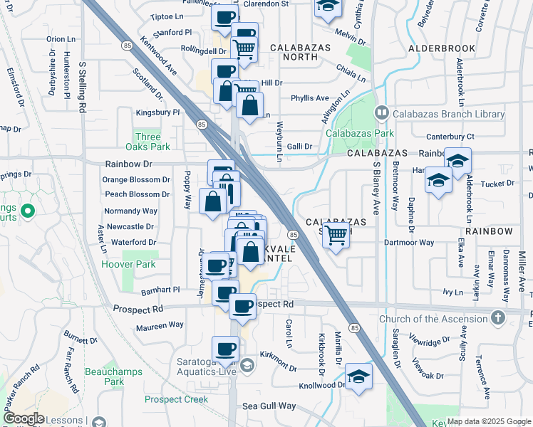 map of restaurants, bars, coffee shops, grocery stores, and more near 6893 Chantel Court in San Jose