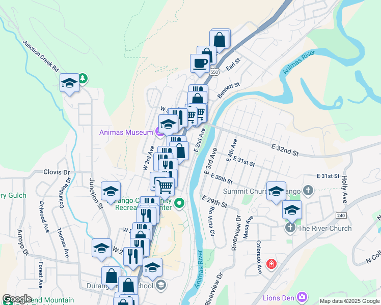 map of restaurants, bars, coffee shops, grocery stores, and more near 101 E 31st St in Durango