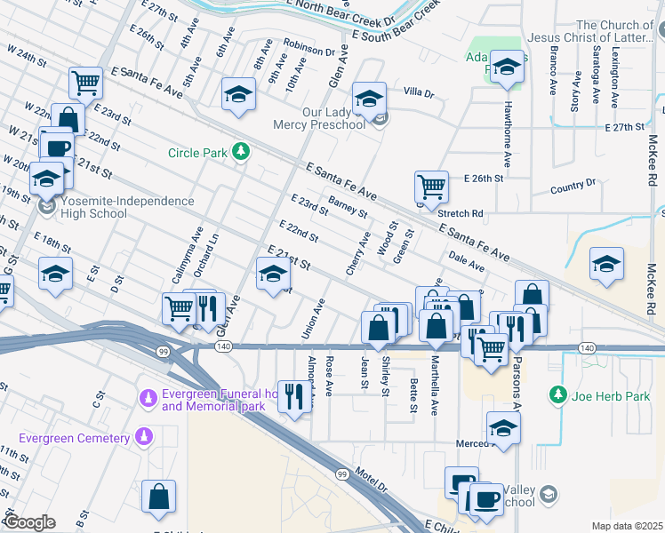 map of restaurants, bars, coffee shops, grocery stores, and more near 1034 East 22nd Street in Merced