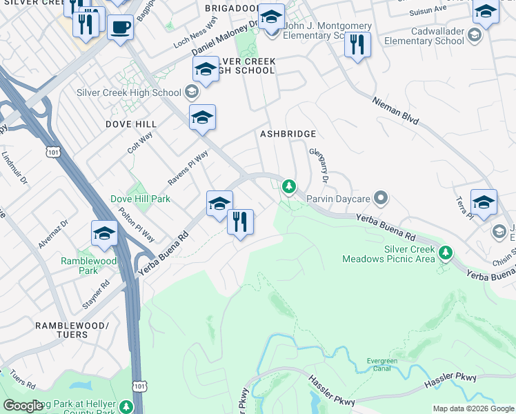map of restaurants, bars, coffee shops, grocery stores, and more near 4007 Silver Creek Road in San Jose