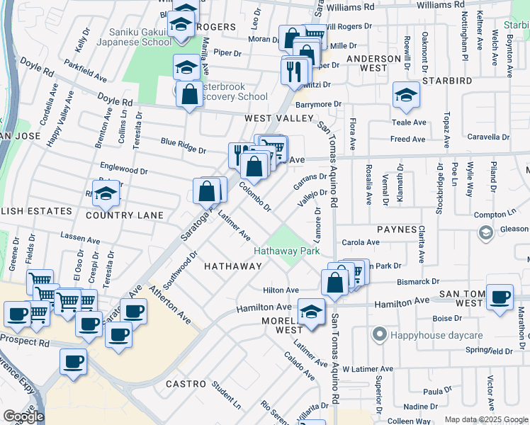 map of restaurants, bars, coffee shops, grocery stores, and more near 17790 Colombo Drive in Saratoga