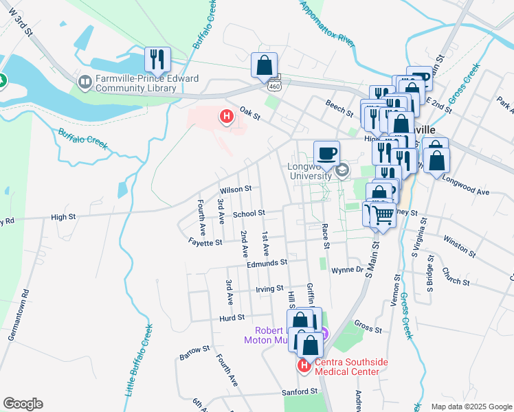 map of restaurants, bars, coffee shops, grocery stores, and more near 311 1st Avenue in Farmville
