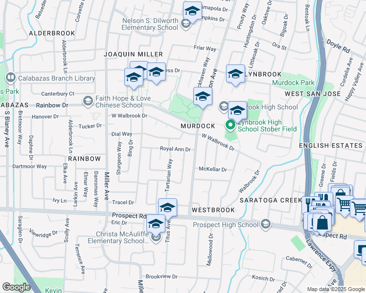 map of restaurants, bars, coffee shops, grocery stores, and more near 5919 Royal Ann Drive in San Jose