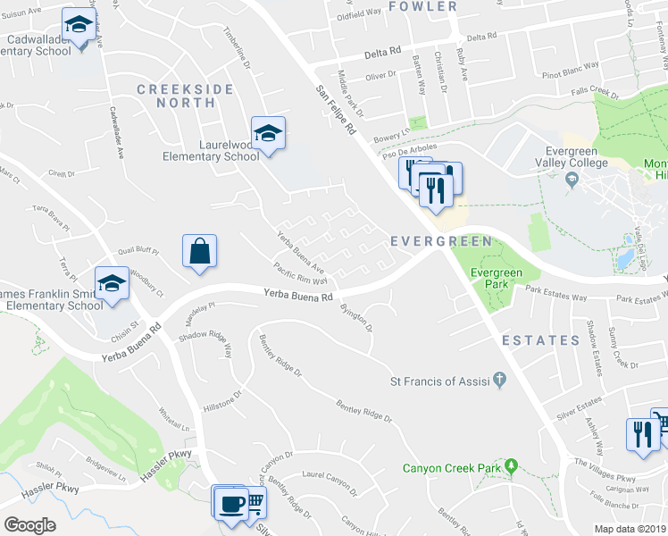 map of restaurants, bars, coffee shops, grocery stores, and more near 2653 Yerba Cliff Court in San Jose