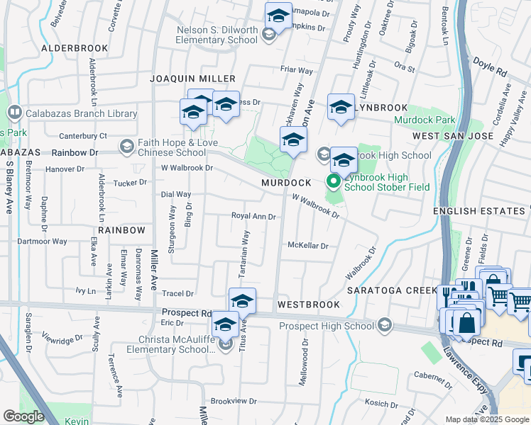 map of restaurants, bars, coffee shops, grocery stores, and more near 5919 Royal Ann Drive in San Jose
