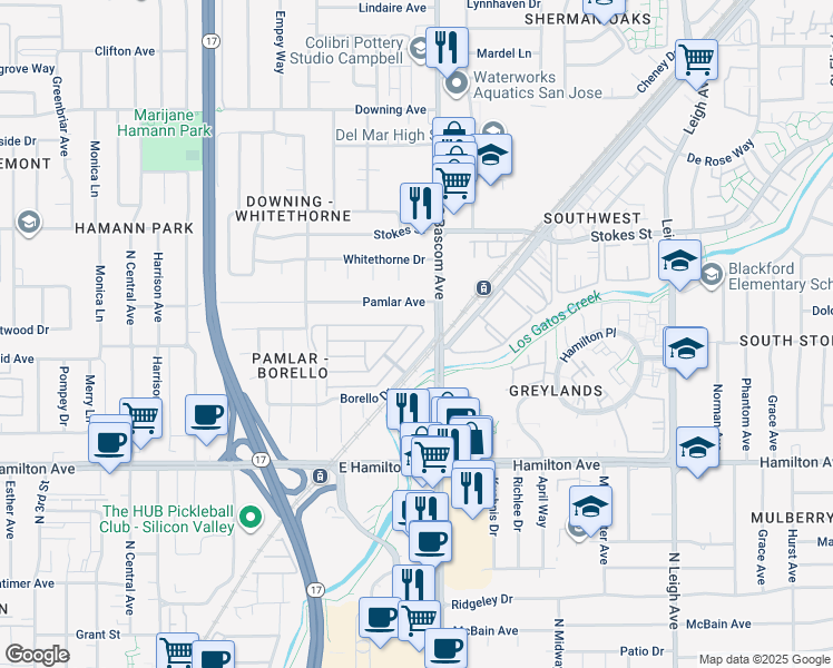 map of restaurants, bars, coffee shops, grocery stores, and more near 90 Quail Hollow Drive in San Jose