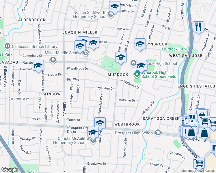 map of restaurants, bars, coffee shops, grocery stores, and more near 5931 Dial Way in San Jose
