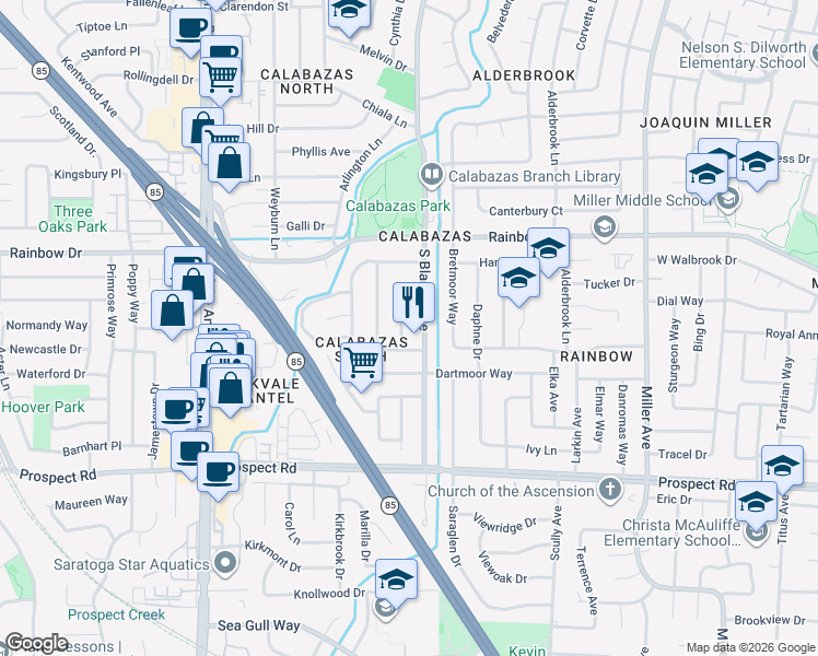 map of restaurants, bars, coffee shops, grocery stores, and more near 1389 Kintyre Way in San Jose