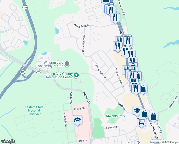 map of restaurants, bars, coffee shops, grocery stores, and more near 208 John Pinckney Lane in Williamsburg