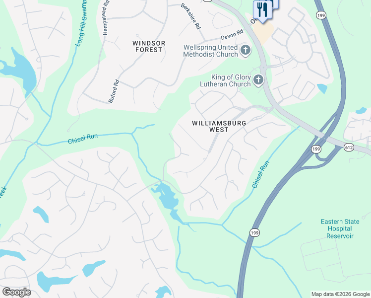map of restaurants, bars, coffee shops, grocery stores, and more near 224 Westbury Hills in Williamsburg