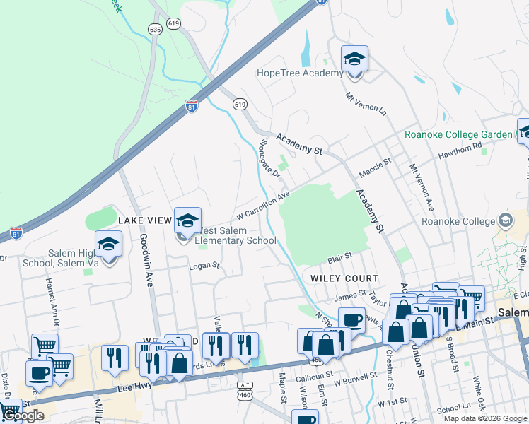map of restaurants, bars, coffee shops, grocery stores, and more near 531 West Carrollton Avenue in Salem