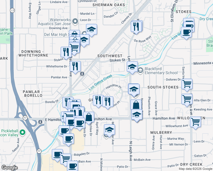 map of restaurants, bars, coffee shops, grocery stores, and more near 1325 Chandon Court in San Jose