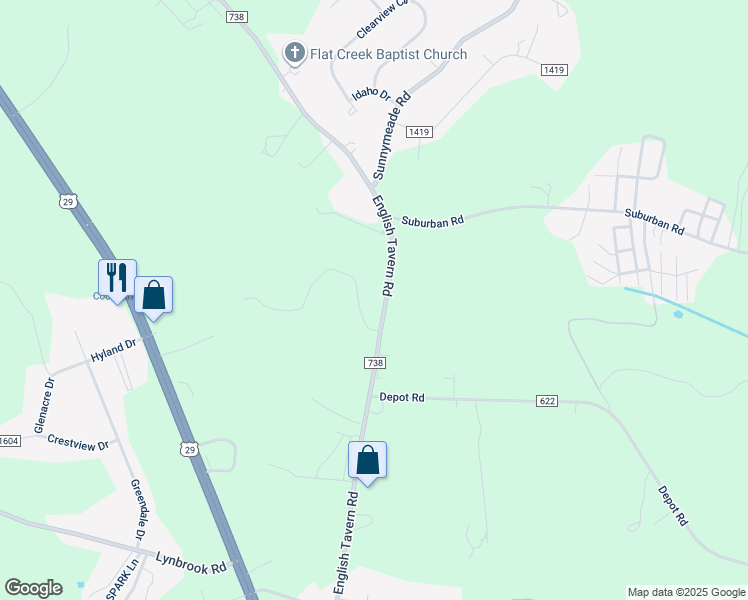 map of restaurants, bars, coffee shops, grocery stores, and more near 1006 English Tavern Road in Rustburg
