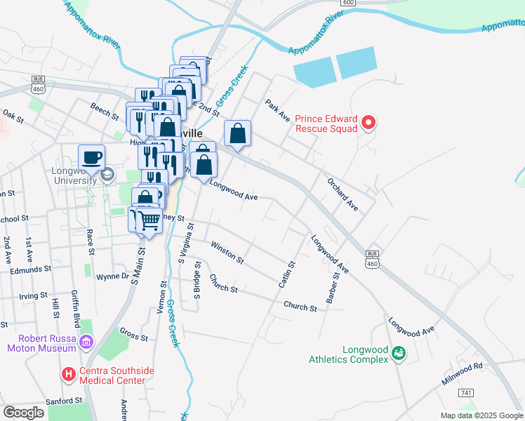map of restaurants, bars, coffee shops, grocery stores, and more near 105 Wiley Lane in Farmville