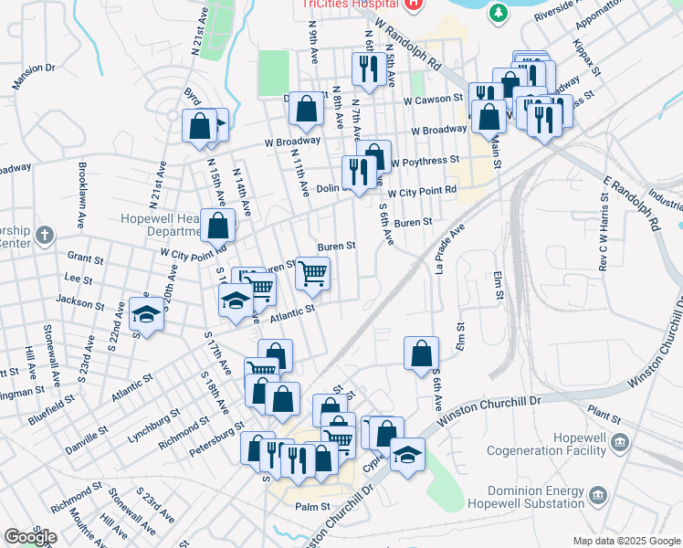 map of restaurants, bars, coffee shops, grocery stores, and more near 301 South 9th Avenue in Hopewell