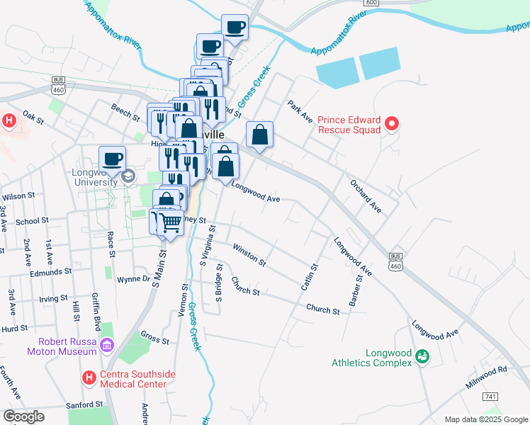 map of restaurants, bars, coffee shops, grocery stores, and more near 405-467 Longwood Avenue in Farmville