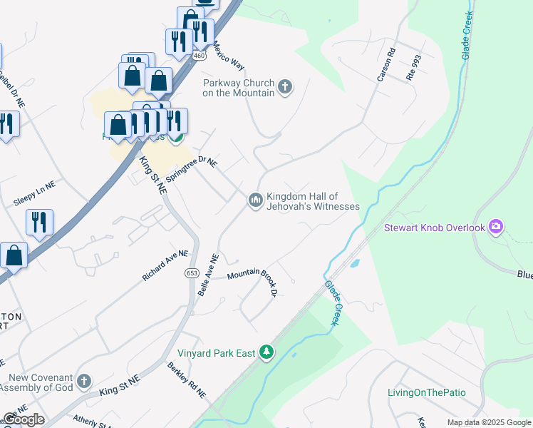 map of restaurants, bars, coffee shops, grocery stores, and more near 3499 Belle Avenue Northeast in Roanoke