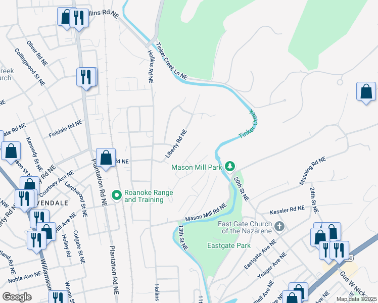 map of restaurants, bars, coffee shops, grocery stores, and more near 1111 Liberty Rd NE in Roanoke