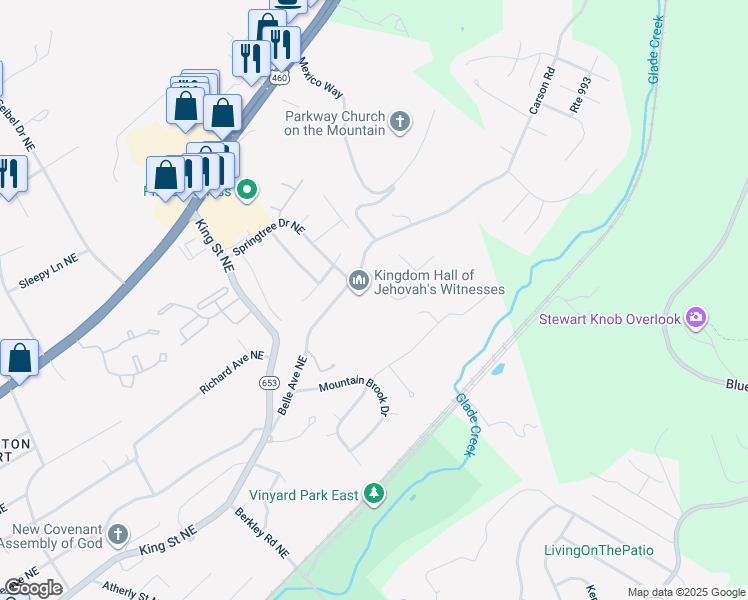 map of restaurants, bars, coffee shops, grocery stores, and more near 3499 Belle Avenue Northeast in Roanoke