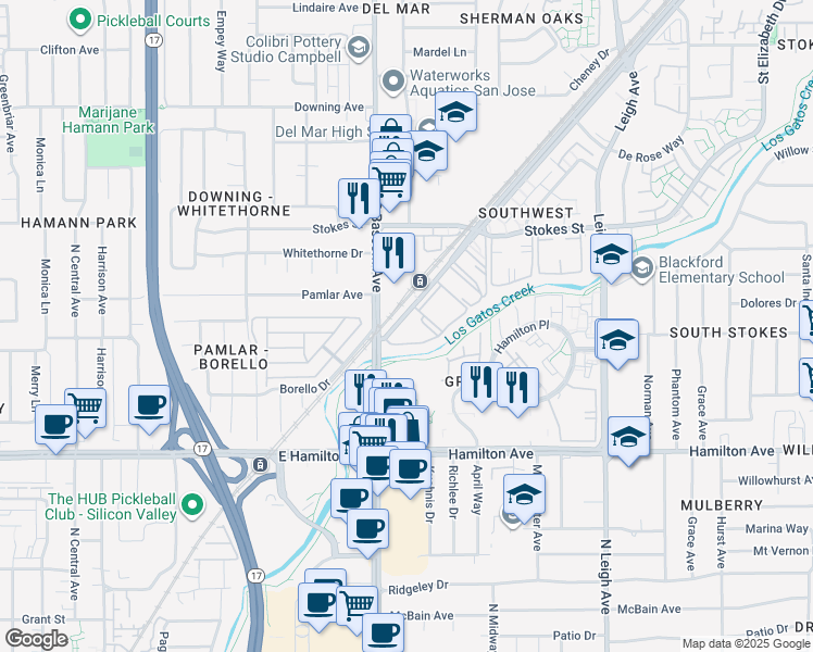map of restaurants, bars, coffee shops, grocery stores, and more near 2120 Southwest Expressway in San Jose