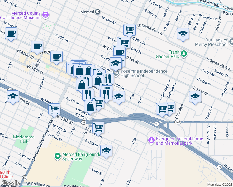map of restaurants, bars, coffee shops, grocery stores, and more near 77 East Main Street in Merced