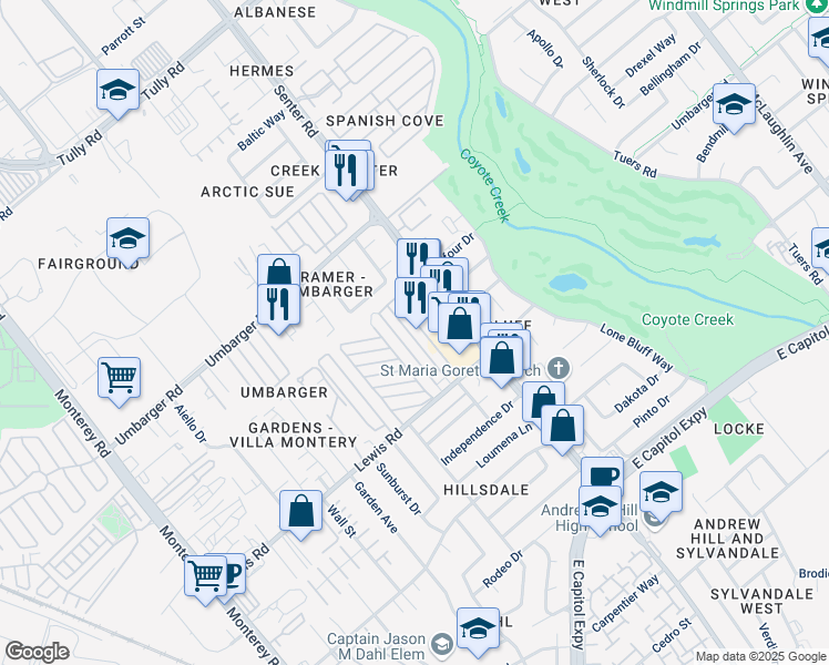 map of restaurants, bars, coffee shops, grocery stores, and more near 2855 Senter Road in San Jose