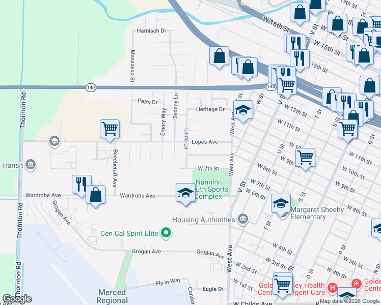 map of restaurants, bars, coffee shops, grocery stores, and more near 1847 West 8th Street in Merced
